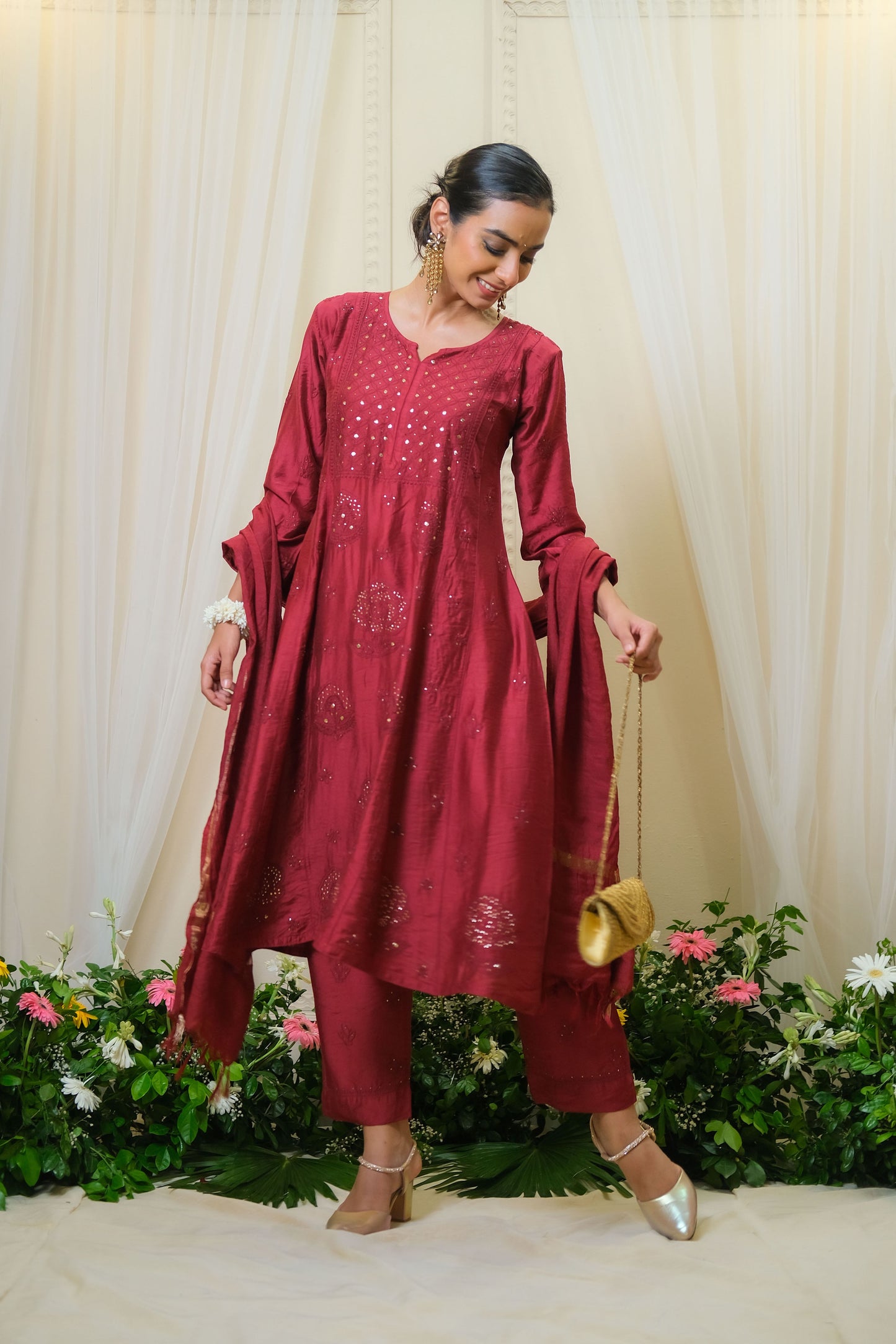 Sindoori Maroon Chikankari Anarkali Suit - of 3