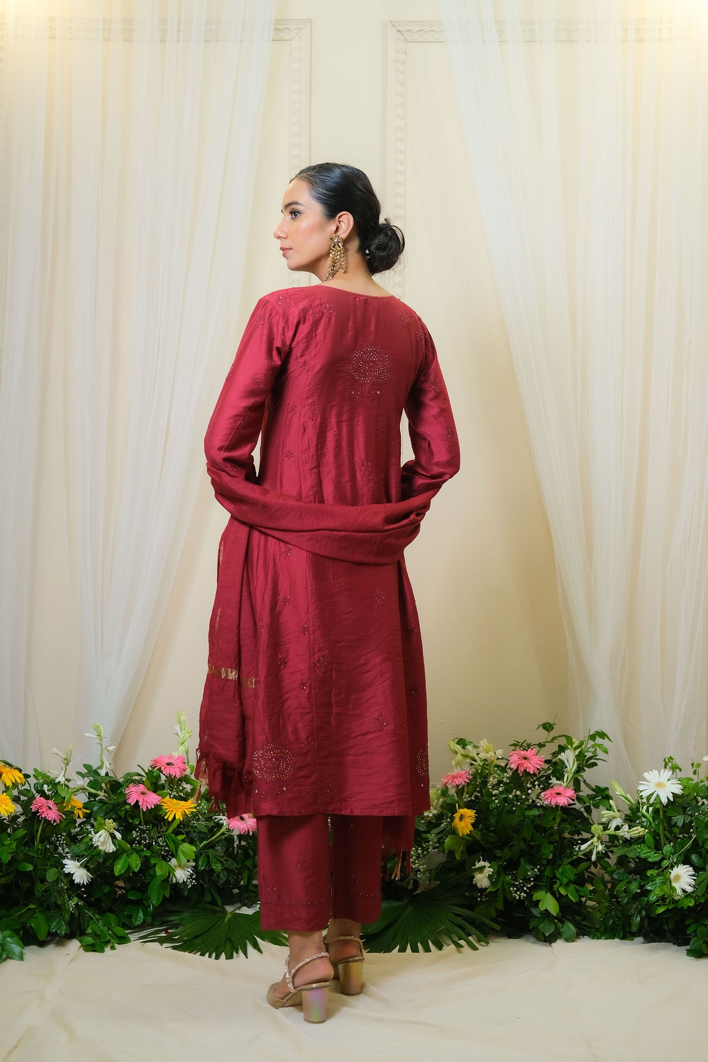 Sindoori Maroon Chikankari Anarkali Suit - of 3