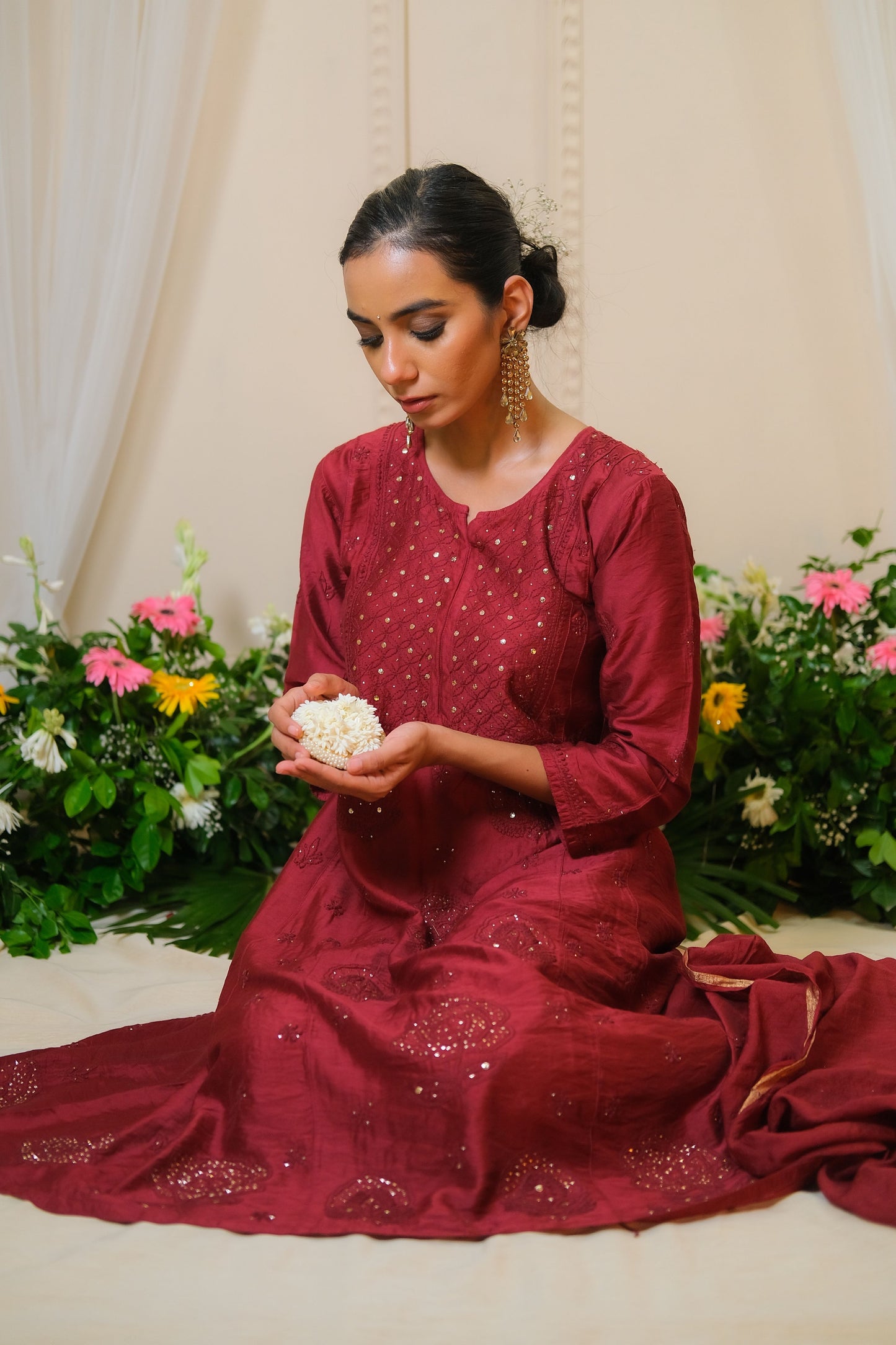 Sindoori Maroon Chikankari Anarkali Suit - of 3