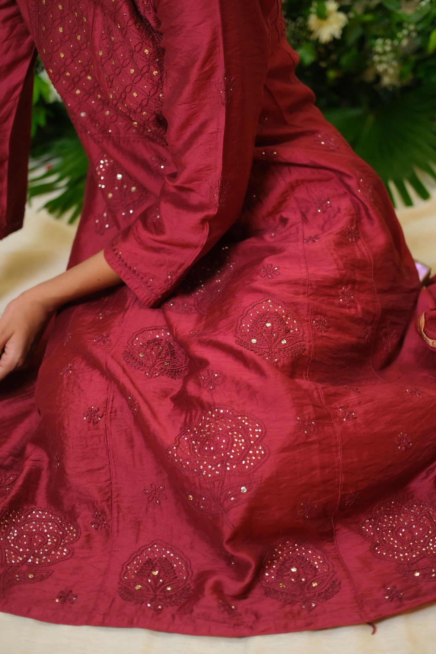 Sindoori Maroon Chikankari Anarkali Suit - of 3