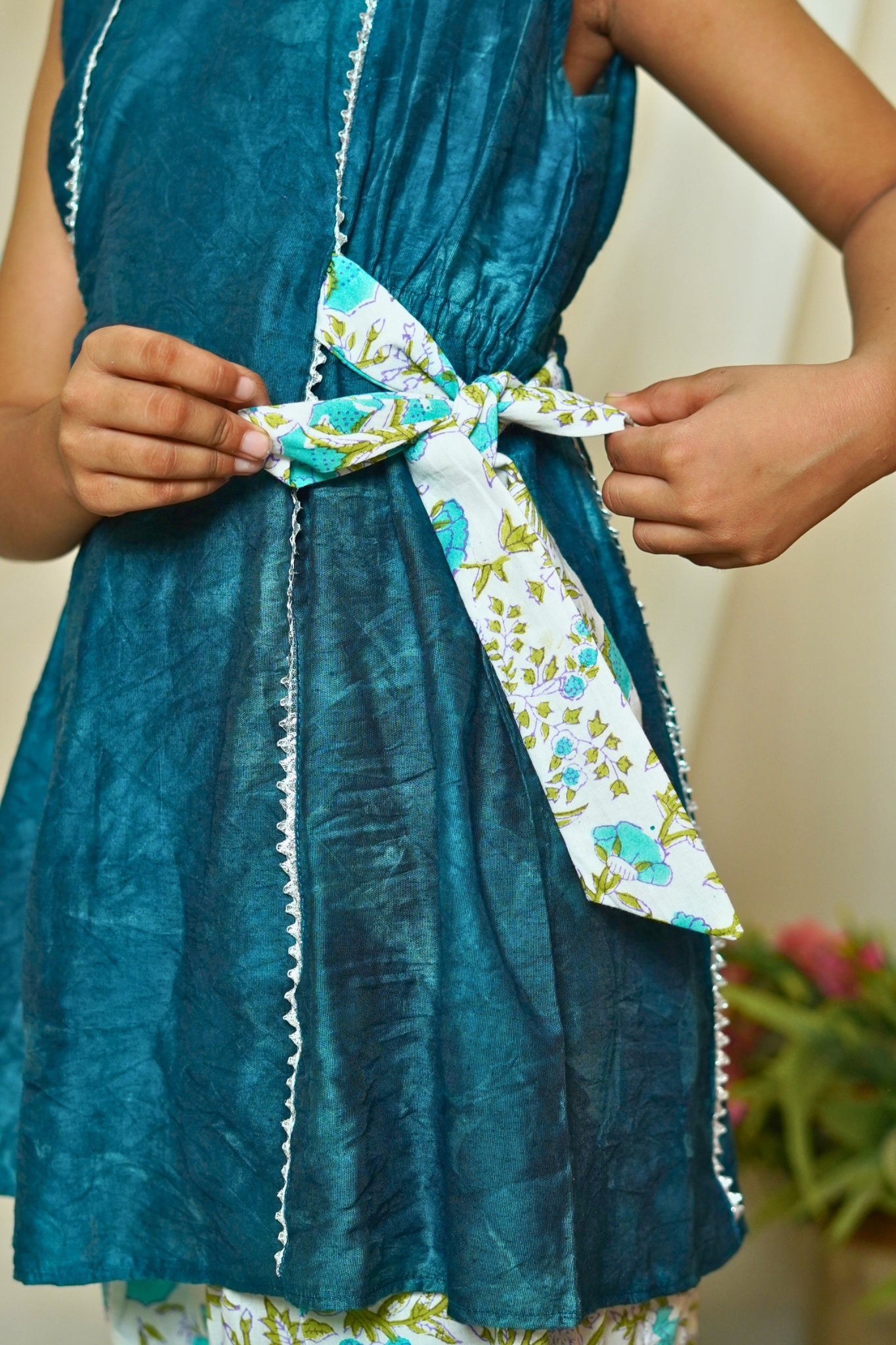 Girl's Teal Cotton Handblock Print Kurta Set with Farsi Salwar
