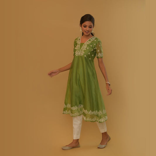 Olive Green Organza Chikankari Kurta