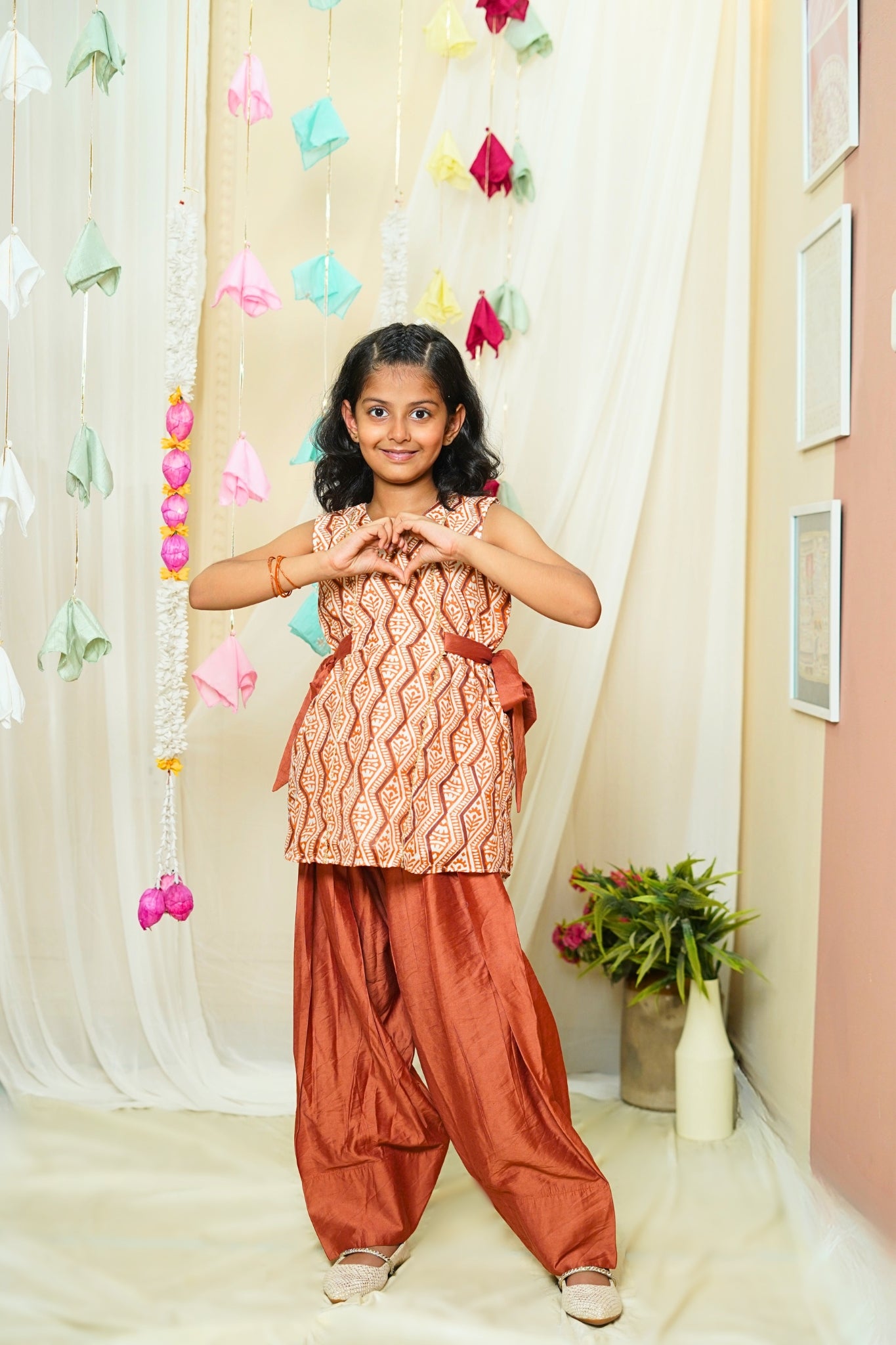 Girl's Rust Chanderi Handblock Print Kurta Set with Farsi Salwar