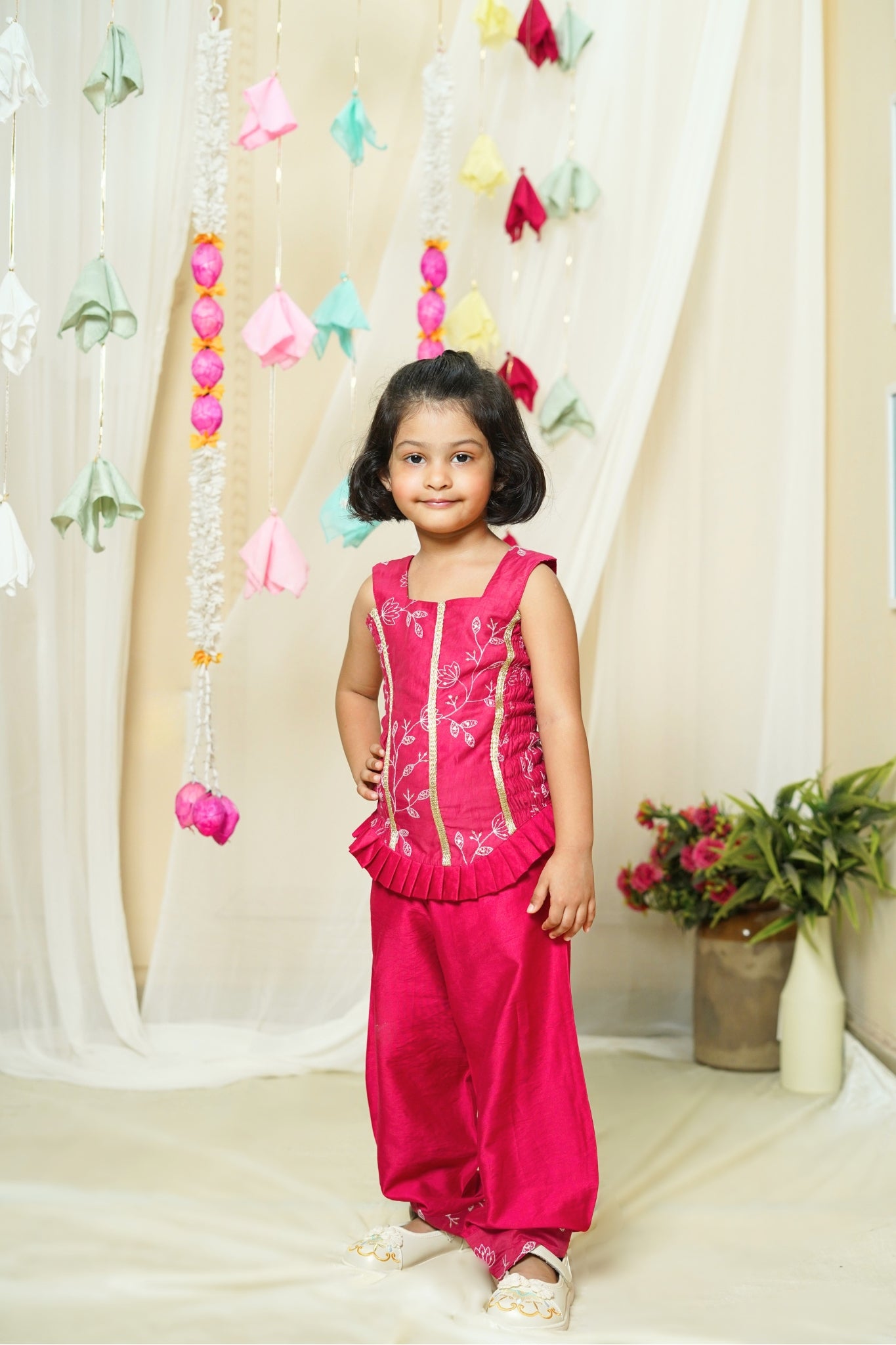 Girls Fuchsia Chanderi Mul Coord Set
