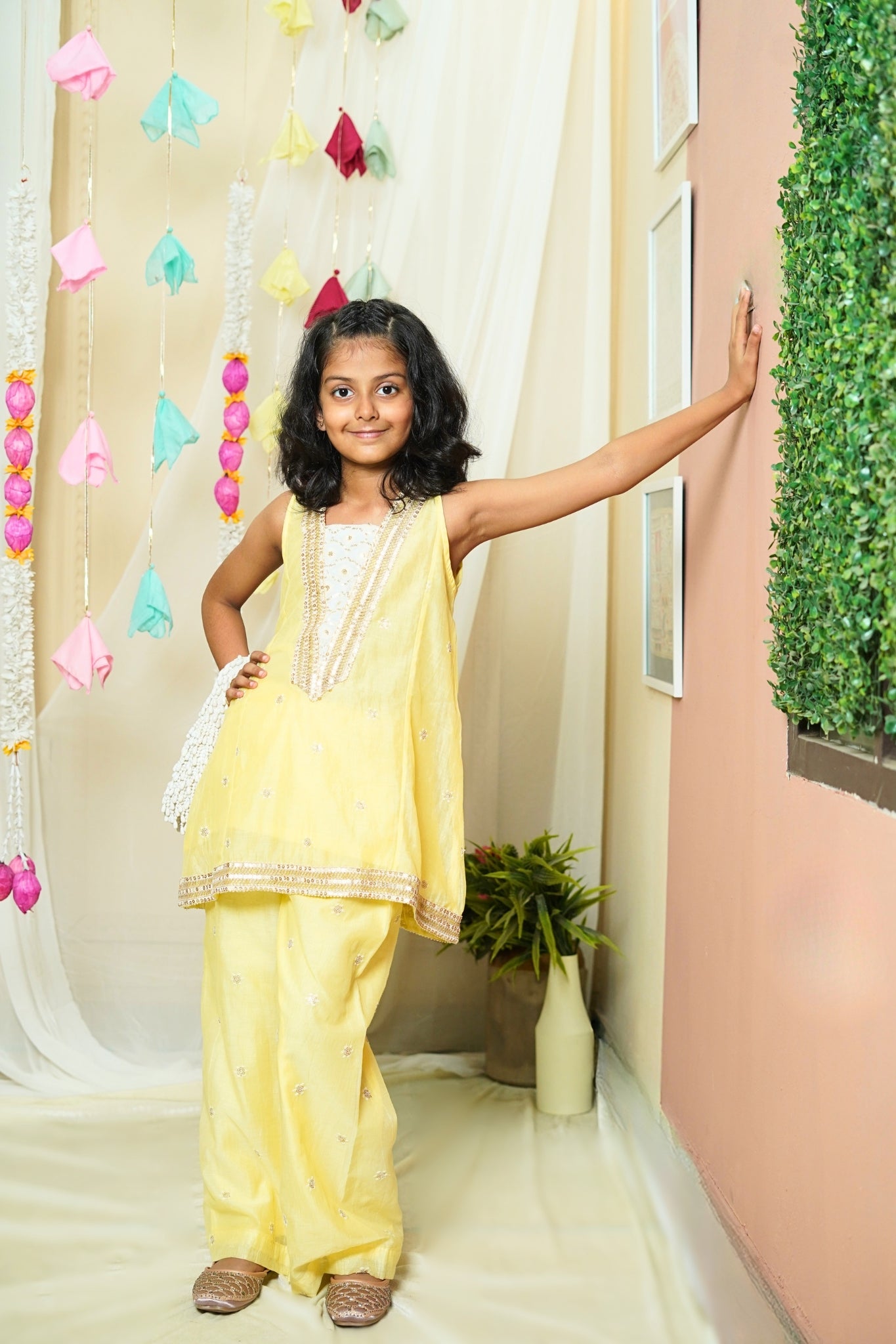 Girl's Yellow Chanderi Kurta Set