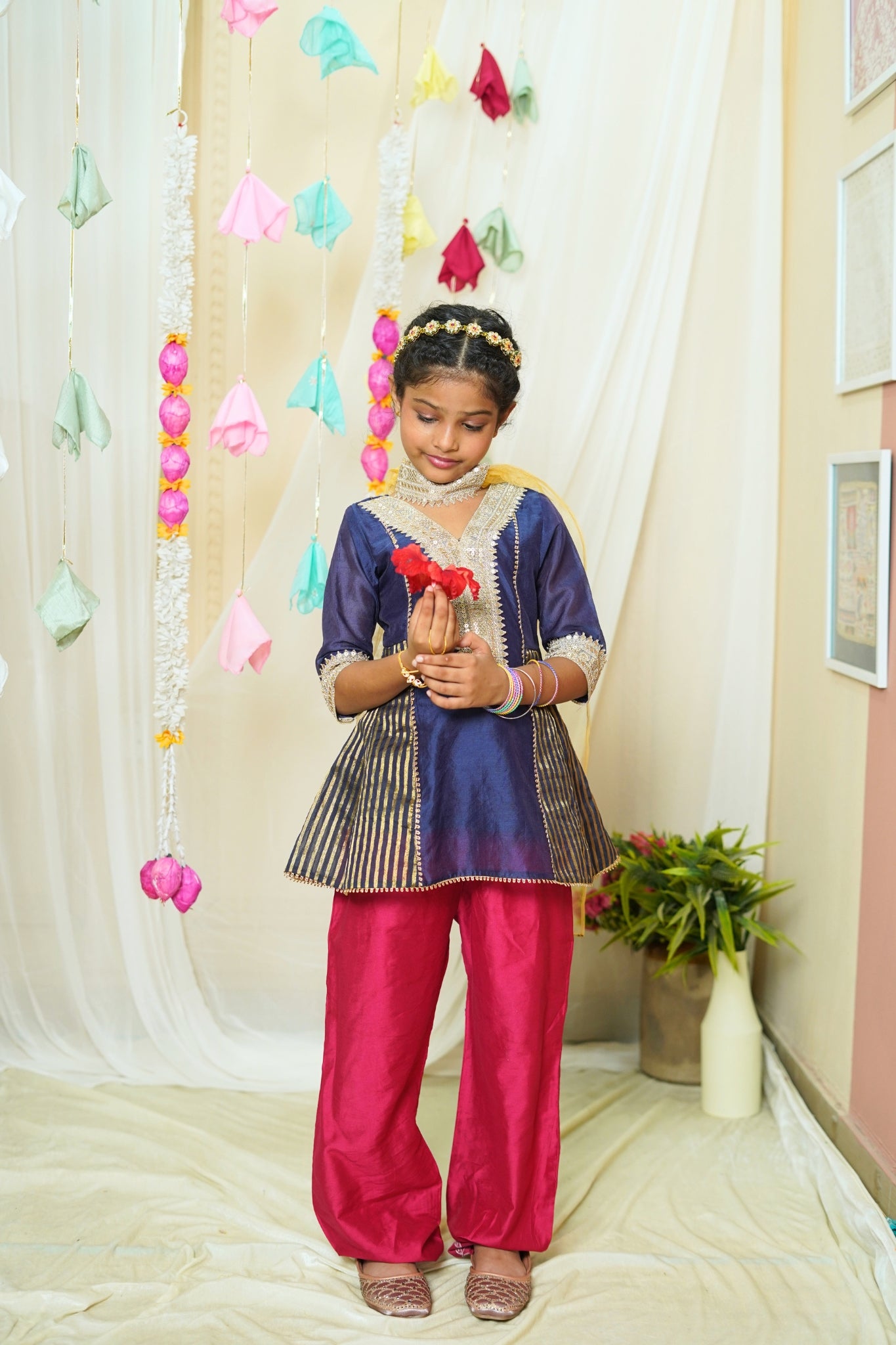 Girl's Festive Chanderi Blue Anarkali Suit