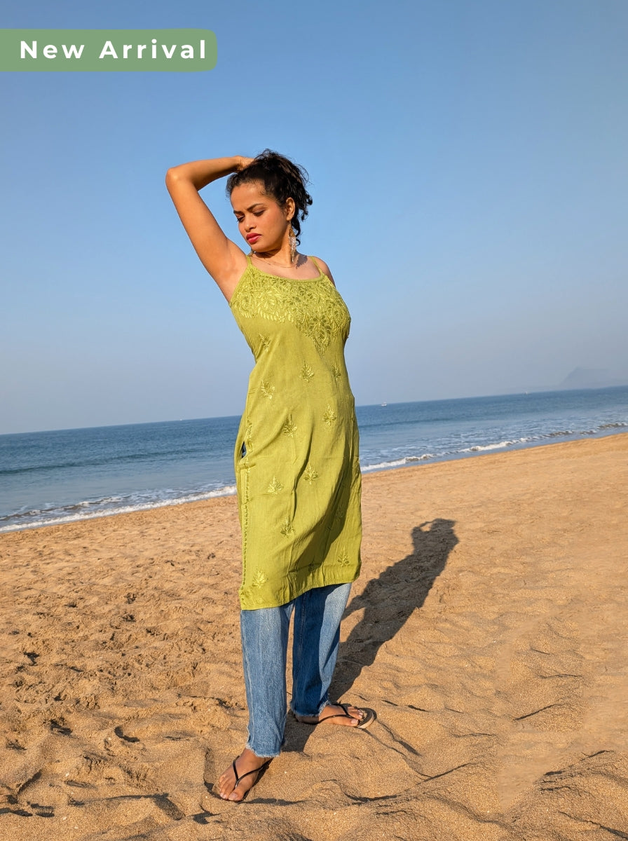Olive Straight Rayon Chikankari Kurti