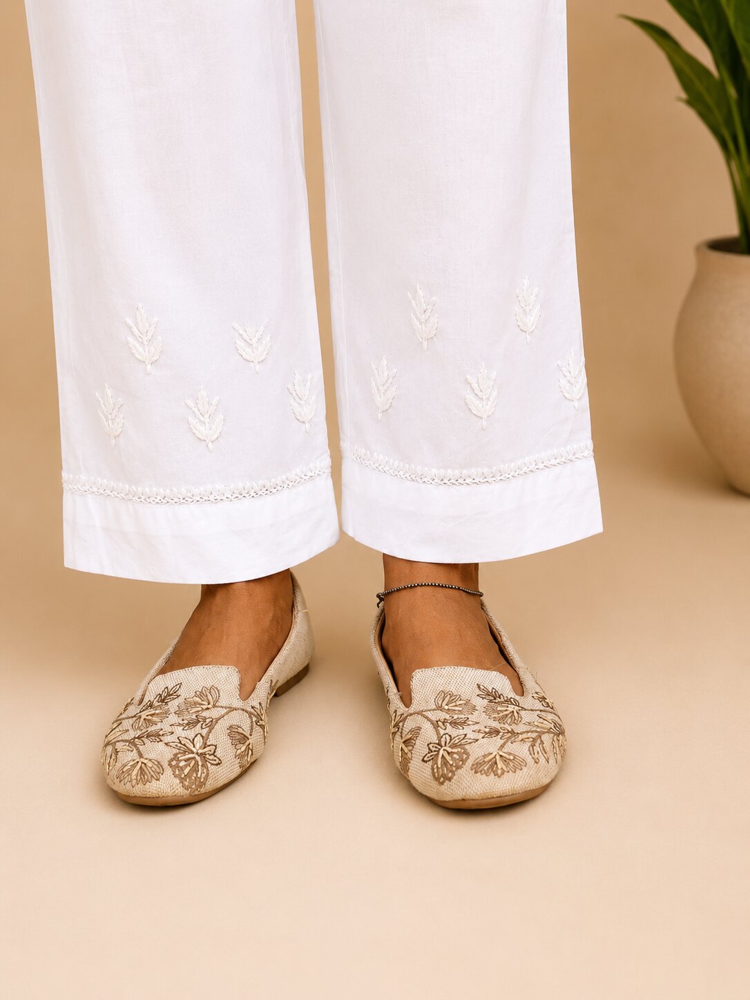 White Cotton Chikankari Pants