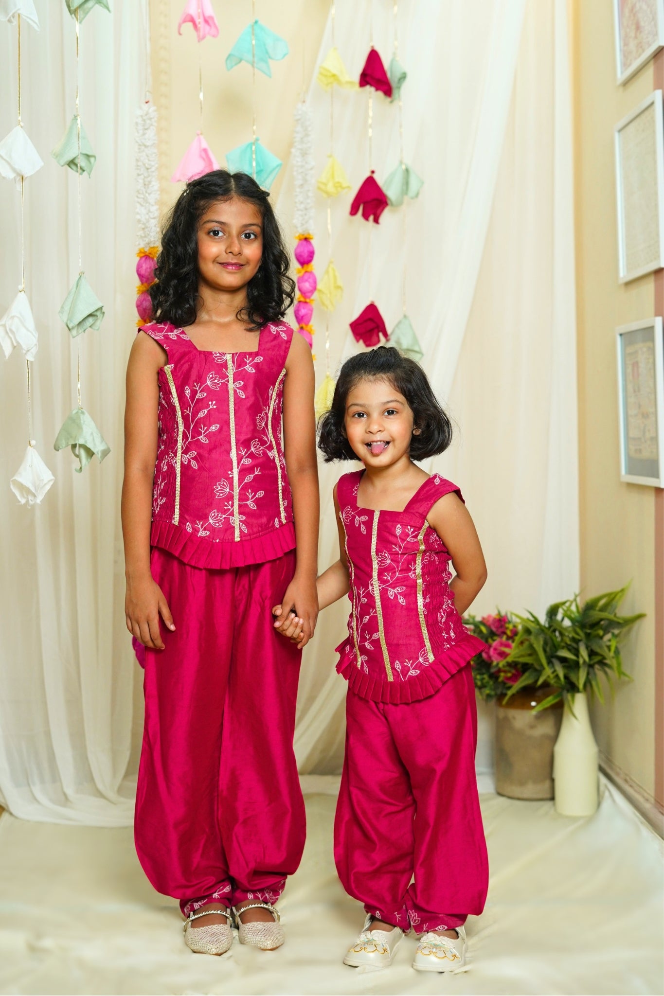 Girls Fuchsia Chanderi Mul Coord Set