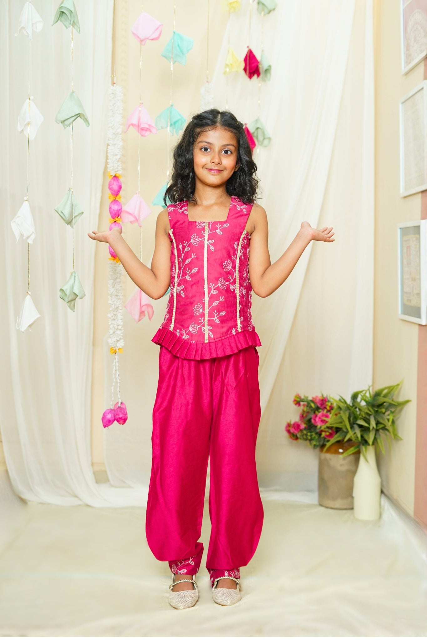 Girls Fuchsia Chanderi Mul Coord Set