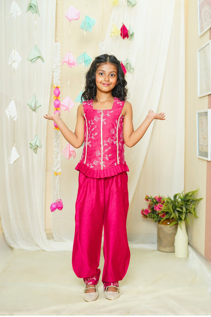 Girls Fuchsia Chanderi Mul Coord Set