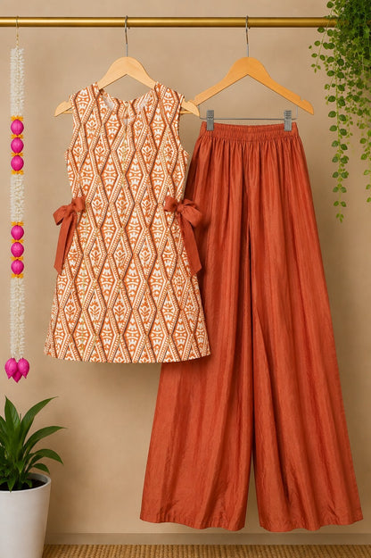Girl's Rust Chanderi Handblock Print Kurta Set with Farsi Salwar