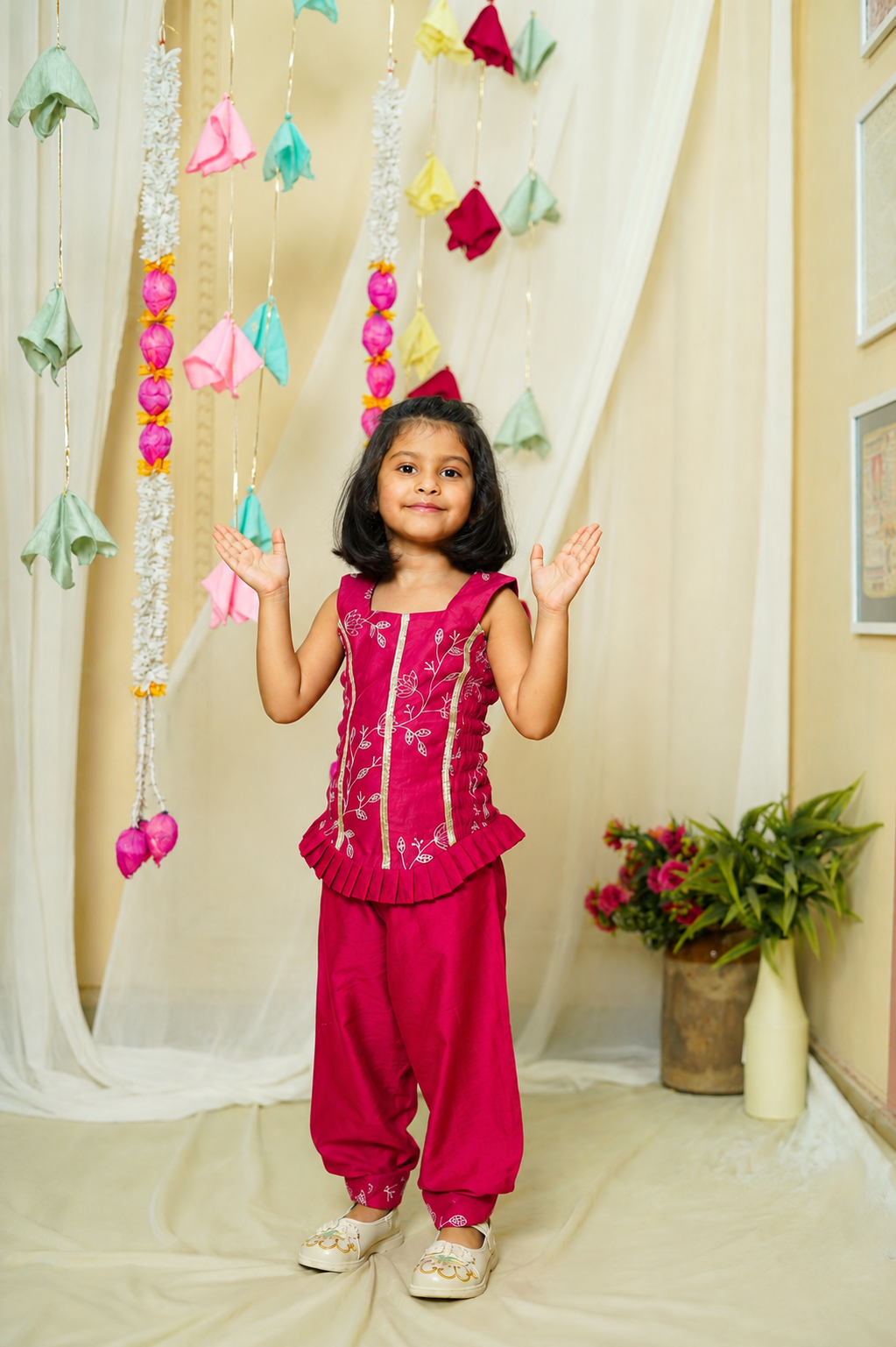 Girls Fuchsia Chanderi Mul Coord Set