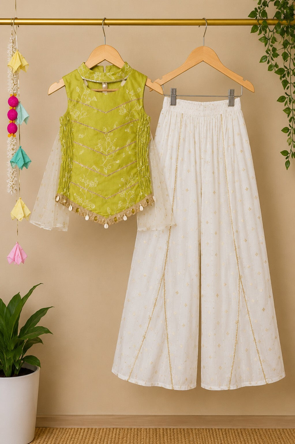 Girl's Festive Green Palazzo Style Coord set