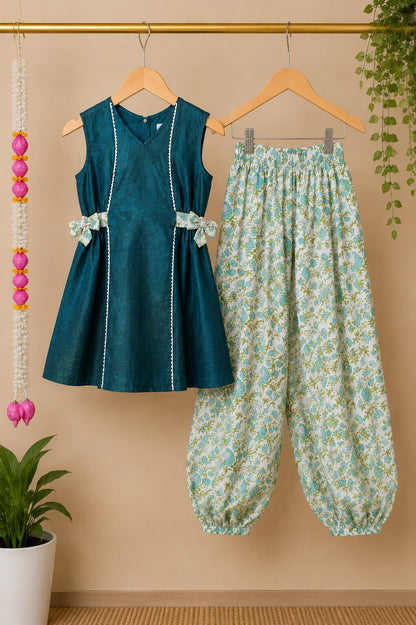 Girl's Teal Cotton Handblock Print Kurta Set with Farsi Salwar
