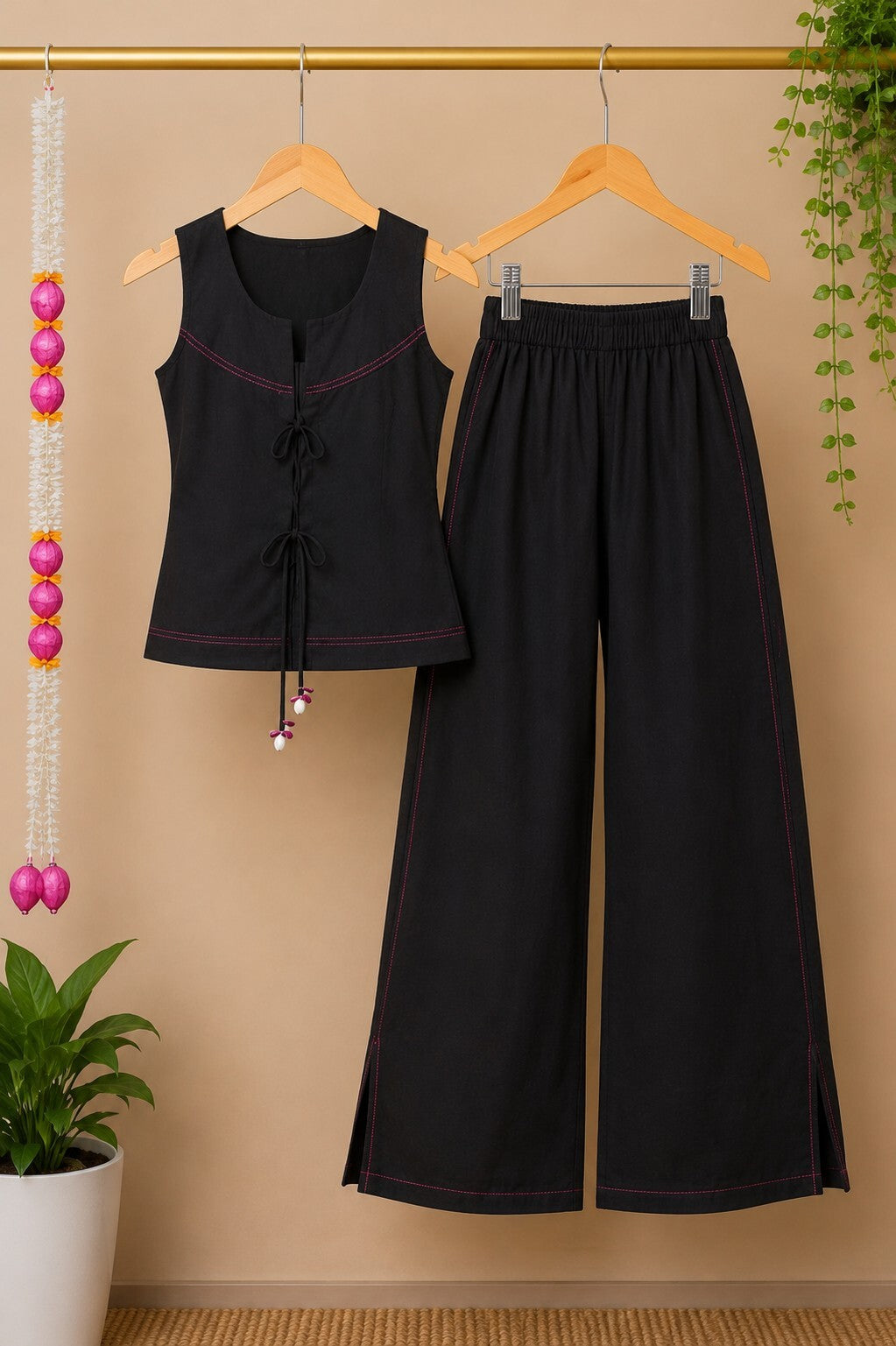 Girl's Black Tie-Up Coord Set - Set of 2