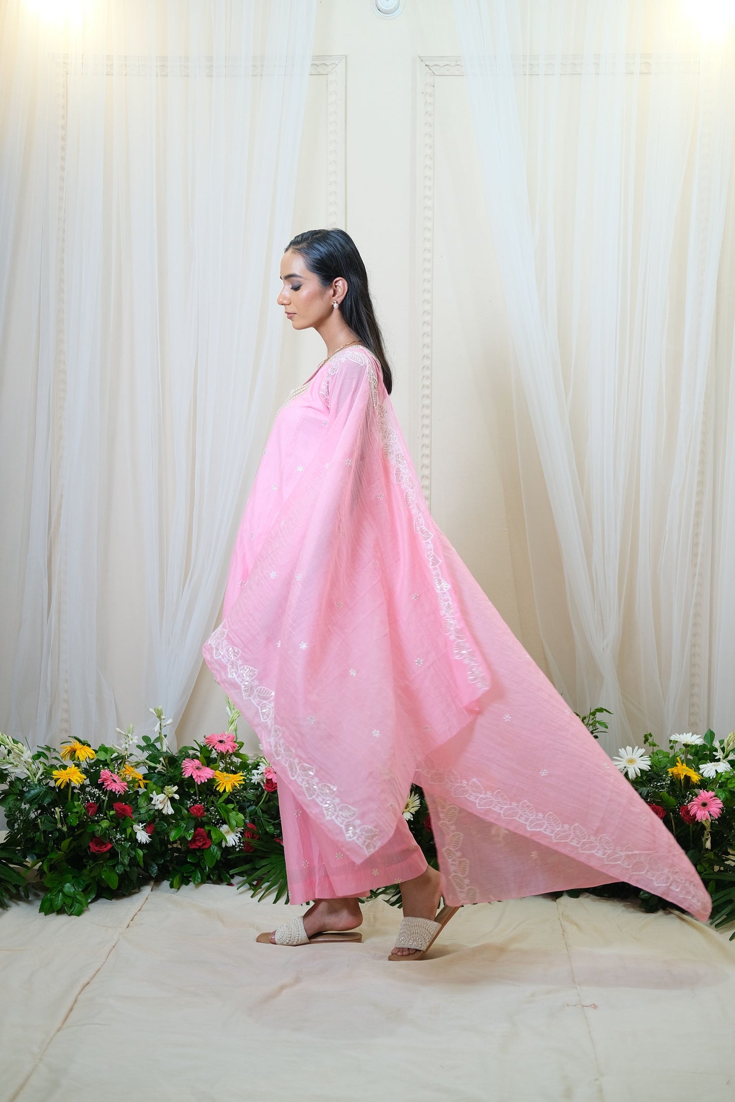 Pink Chanderi Mul Embroidered Dupatta