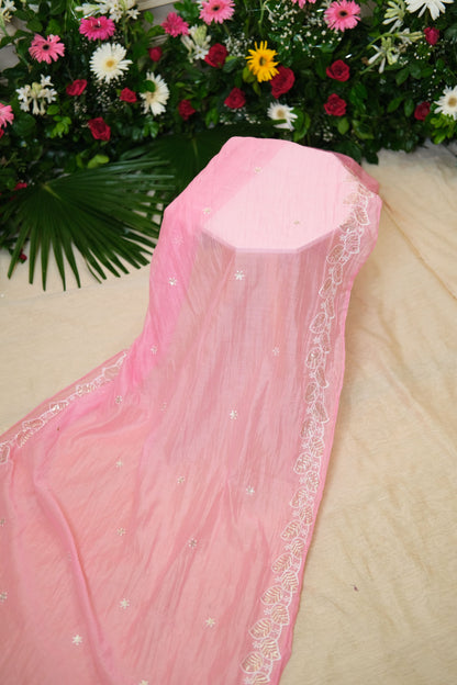 Pink Chanderi Mul Embroidered Dupatta