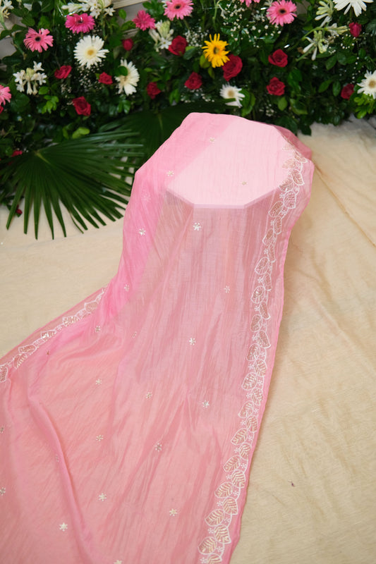 Pink Chanderi Mul Embroidered Dupatta