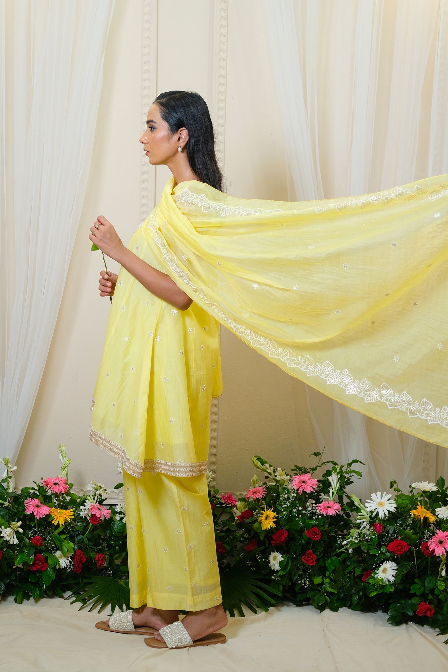 Yellow Chanderi Mul Embroidered Dupatta