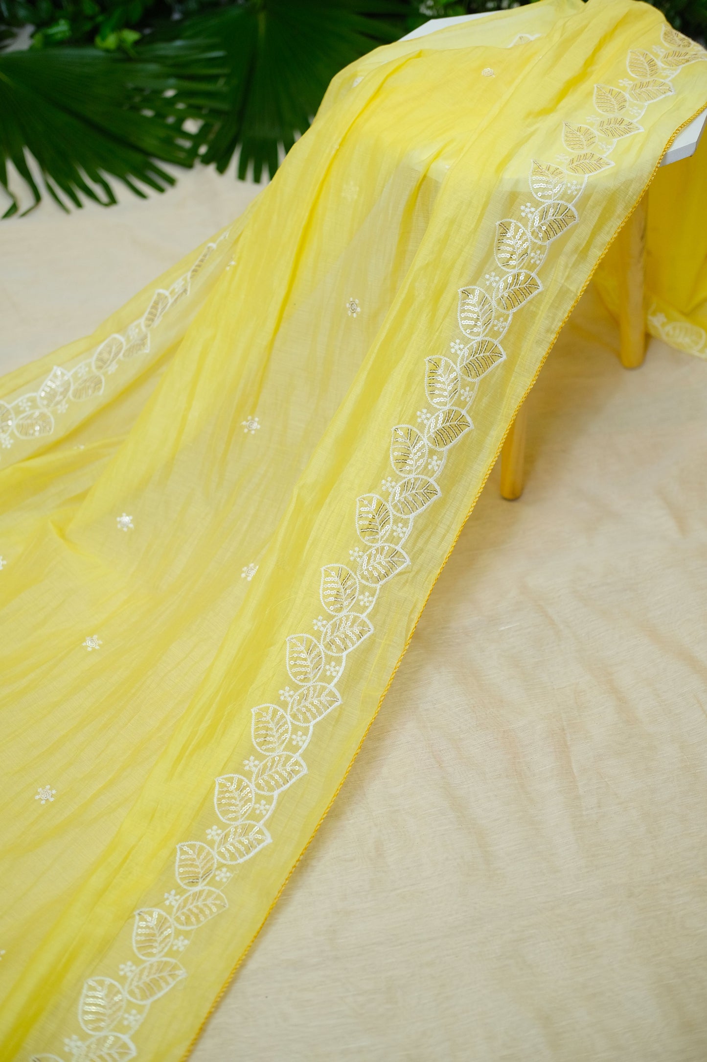 Yellow Chanderi Mul Embroidered Dupatta