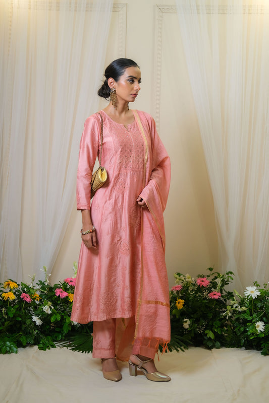 Sindoori Peach Chikankari  Anarkali Suit - of 3