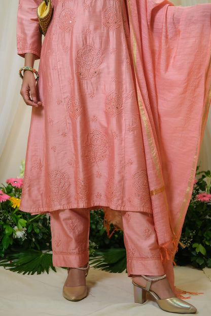 Sindoori Peach Chikankari  Anarkali Suit - of 3
