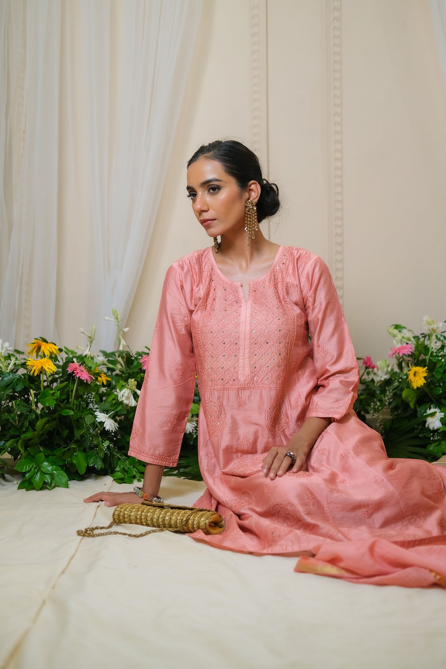 Sindoori Peach Chikankari  Anarkali Suit - of 3