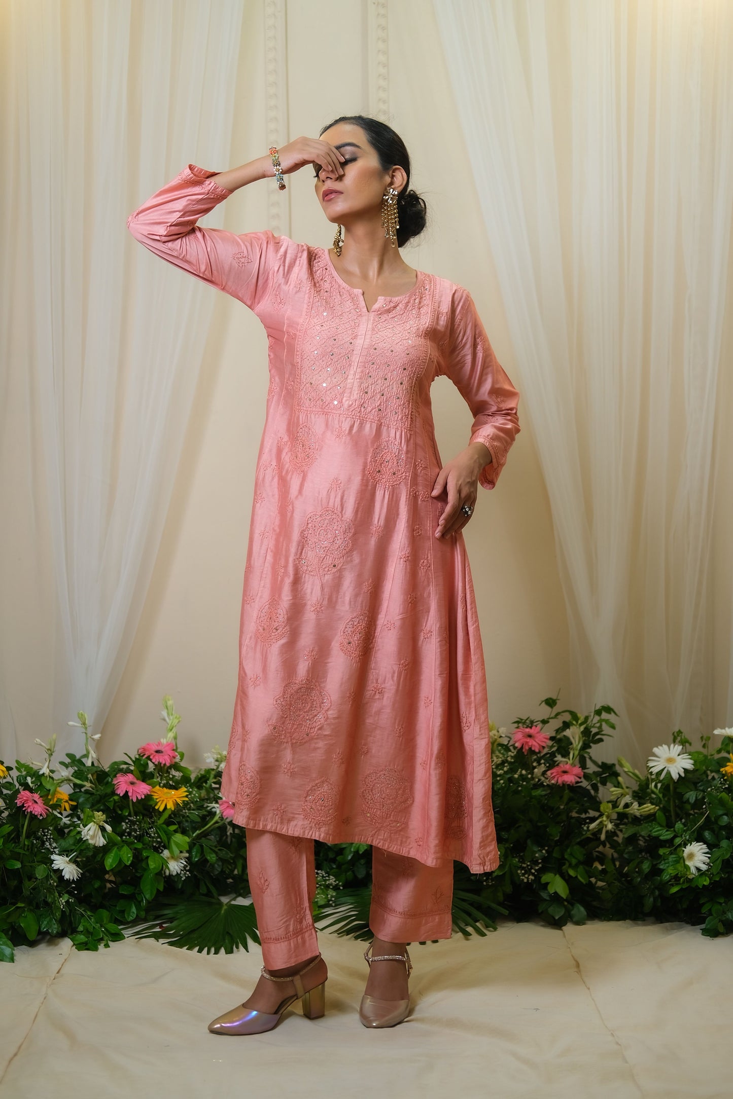 Sindoori Peach Chikankari  Anarkali Suit - of 3