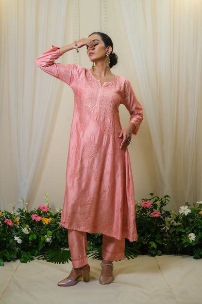 Sindoori Peach Chikankari  Anarkali Suit - of 3