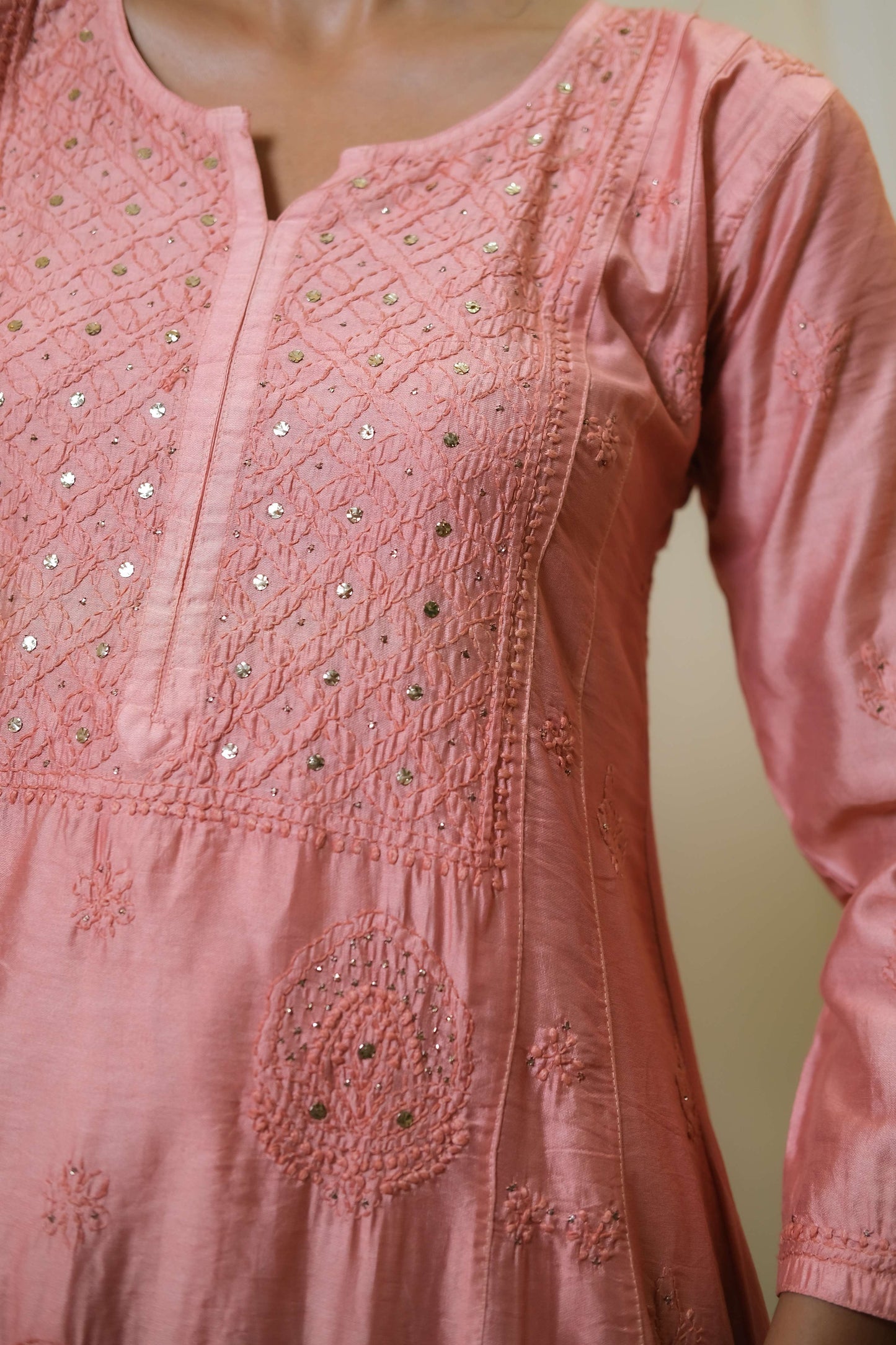 Sindoori Peach Chikankari  Anarkali Suit - of 3