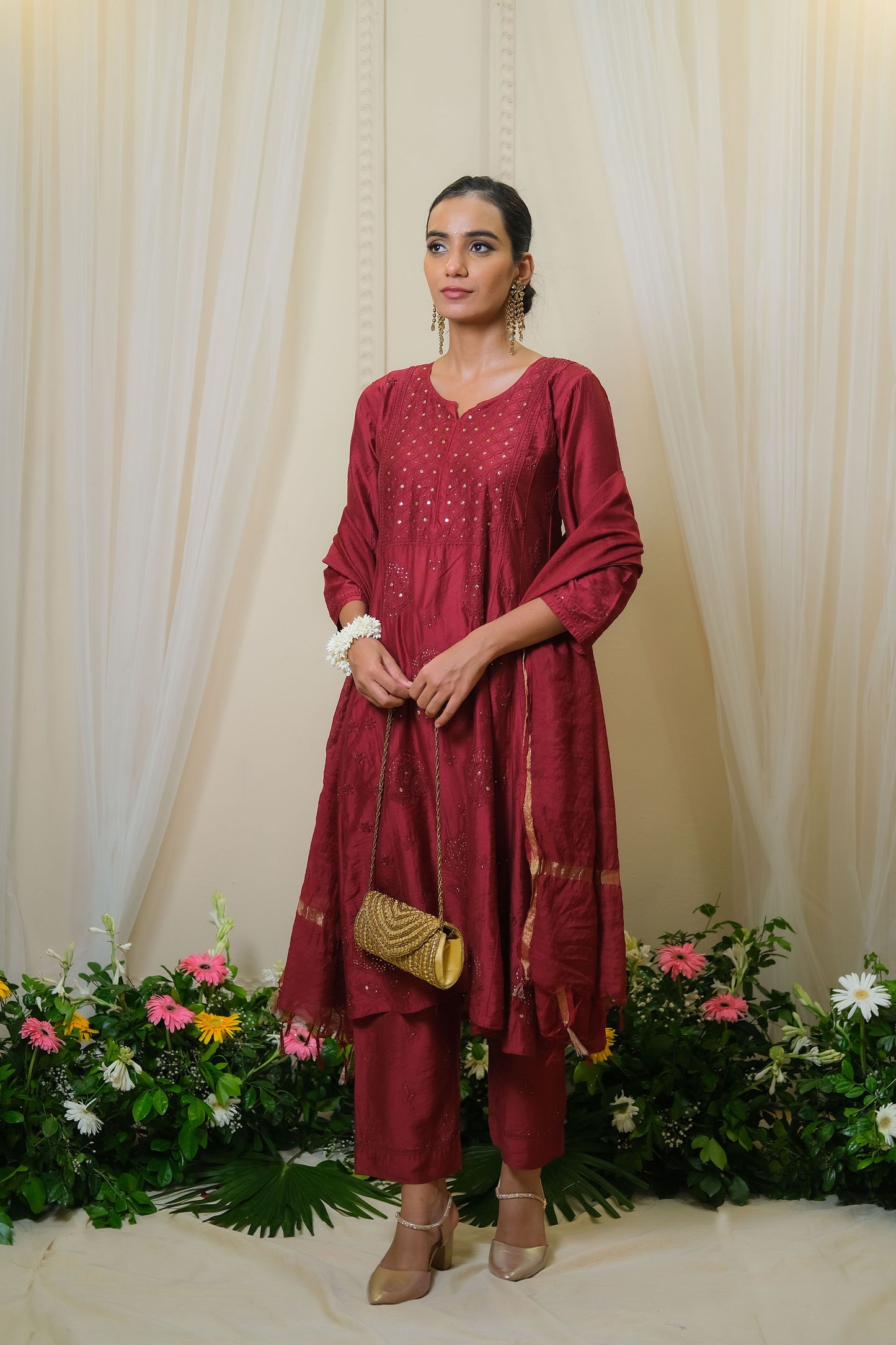 Sindoori Maroon Chikankari  Anarkali Suit - of 3