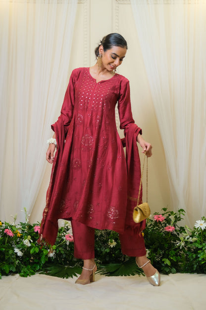 Sindoori Maroon Chikankari  Anarkali Suit - of 3