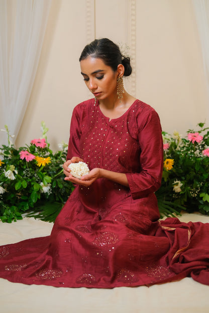 Sindoori Maroon Chikankari  Anarkali Suit - of 3
