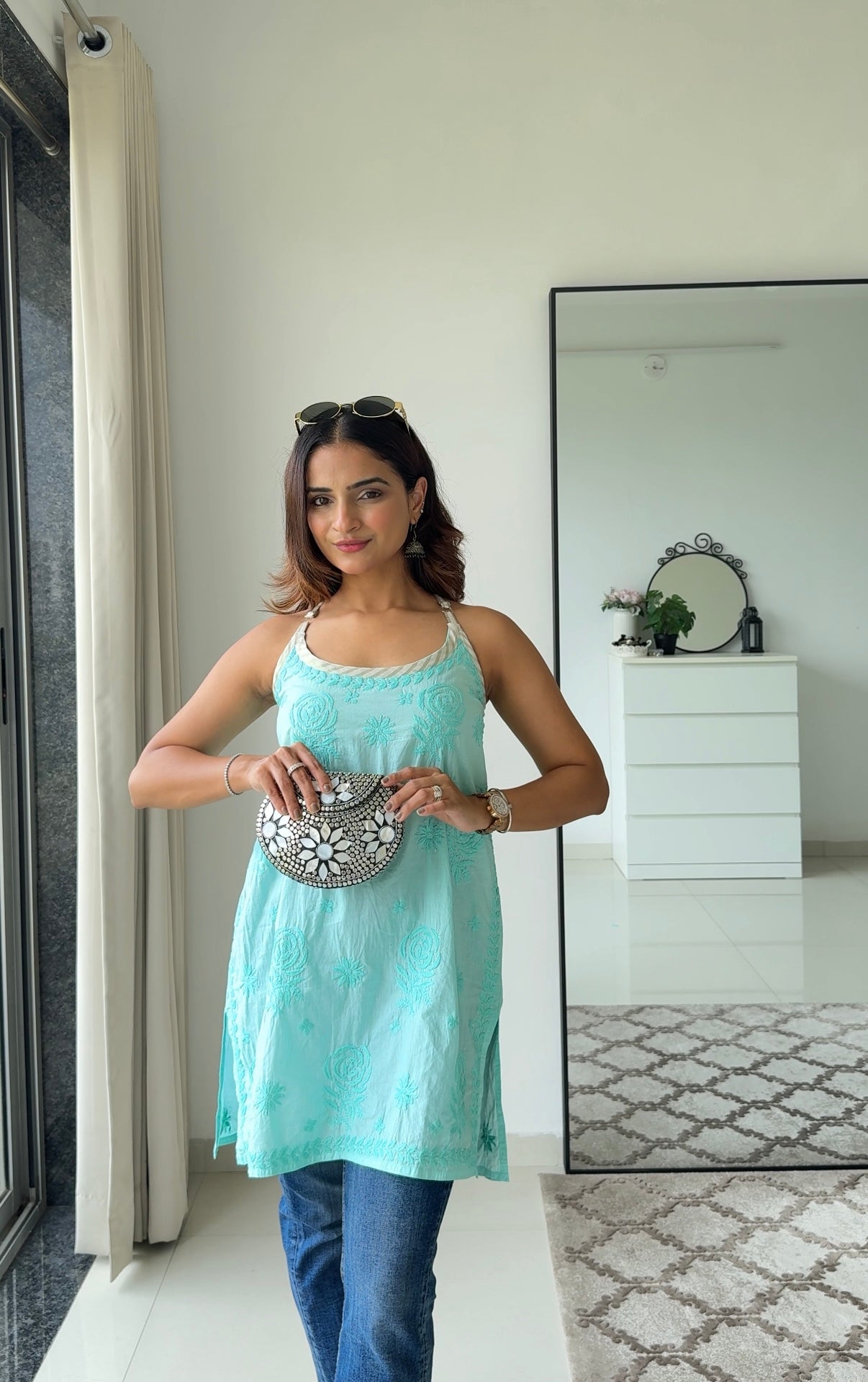 Cyan Cotton Chikankari Kurta