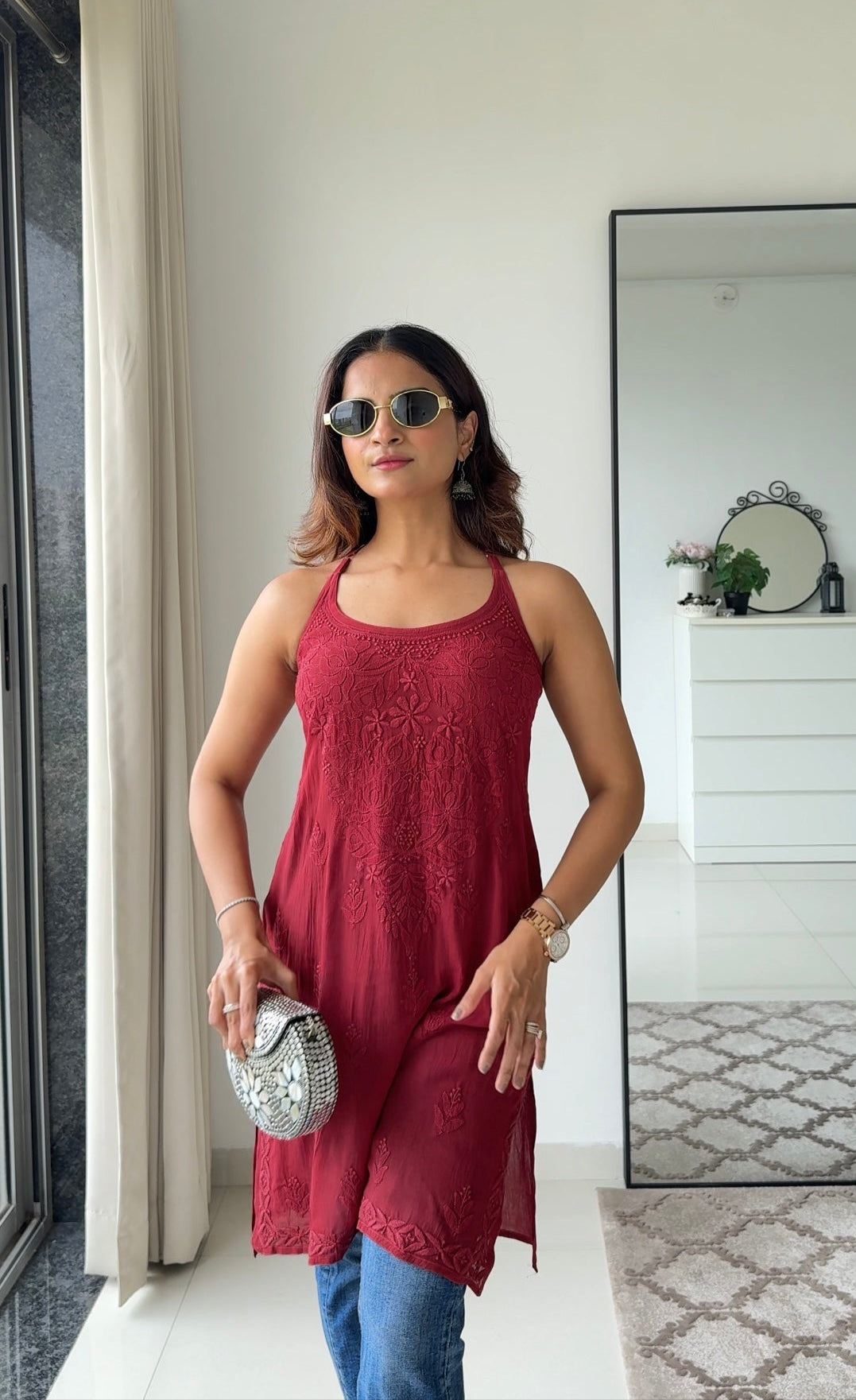 Crimson Chikankari Kurta & Shrug Set
