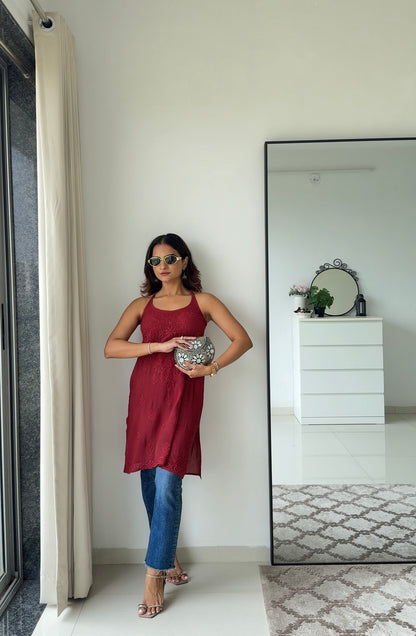 Crimson Chikankari Kurta & Shrug Set