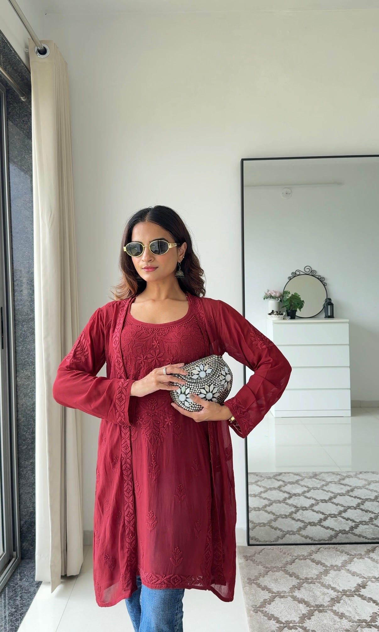 Crimson Chikankari Kurta & Shrug Set