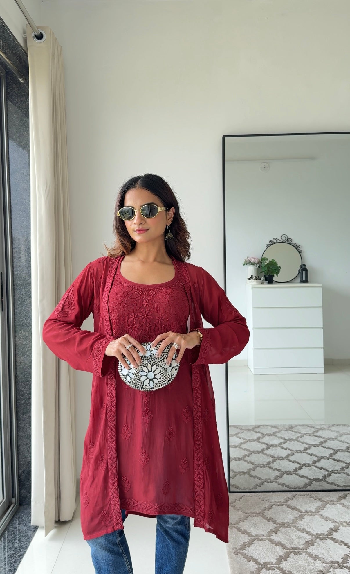 Crimson Chikankari Kurta & Shrug Set
