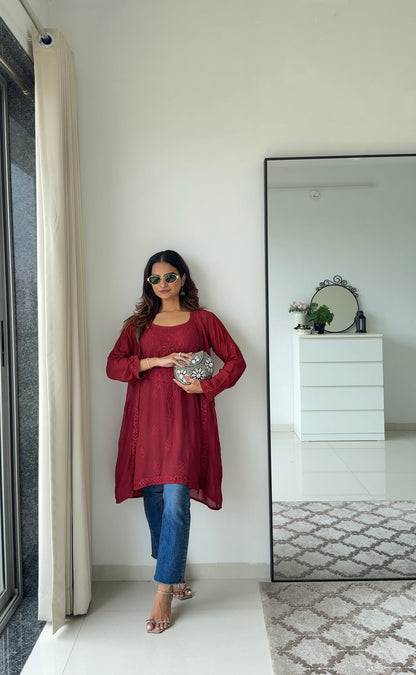 Crimson Chikankari Kurta & Shrug Set