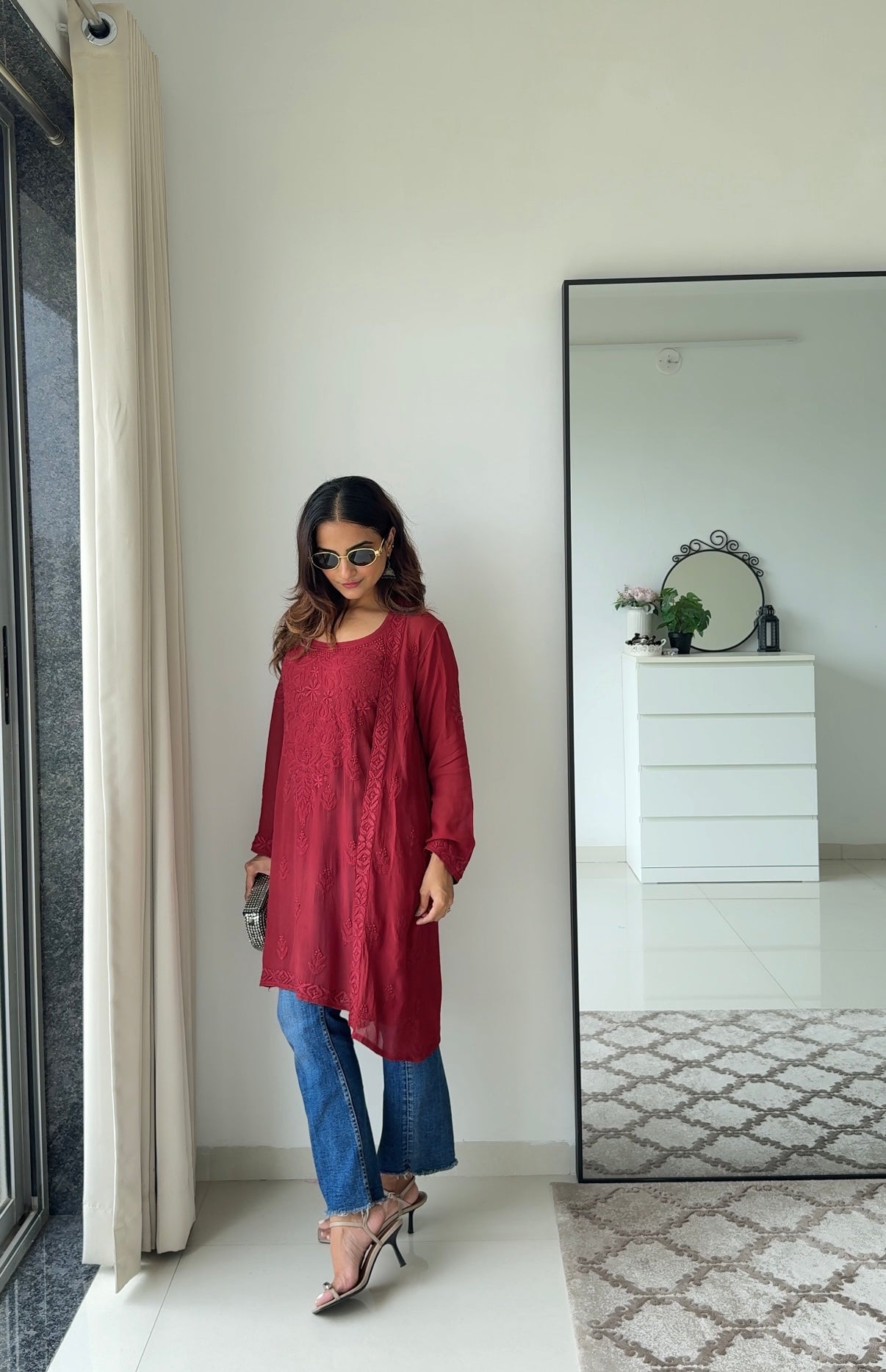 Crimson Chikankari Kurta & Shrug Set