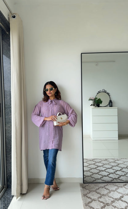 Mauve Tieup Chikankari Shirt