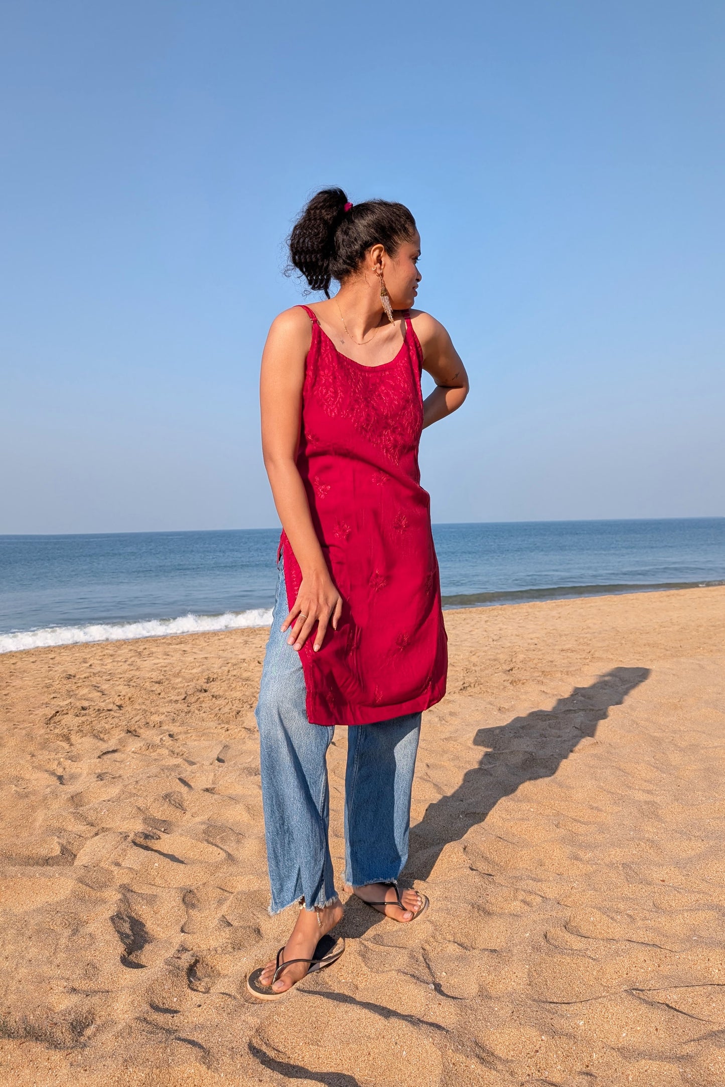 Maroon Straight Rayon Chikankari Kurti
