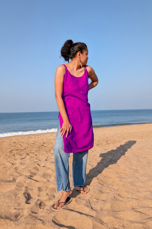 Purple Straight Rayon Chikankari Kurti