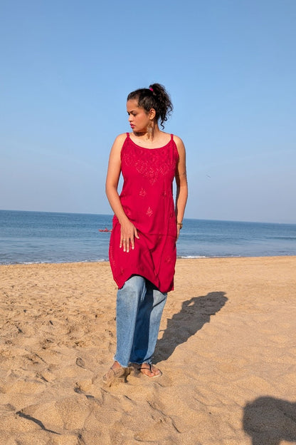 Maroon Straight Rayon Chikankari Kurti