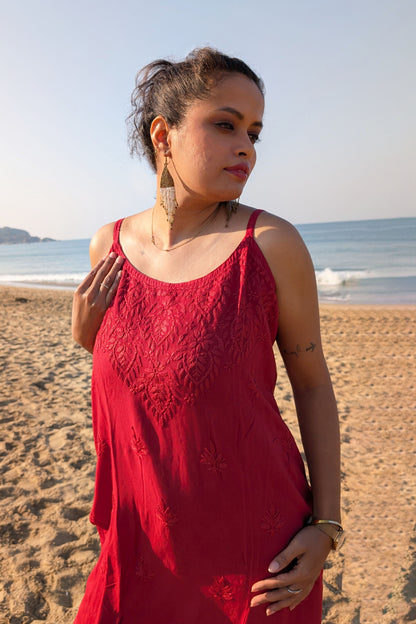 Maroon Straight Rayon Chikankari Kurti