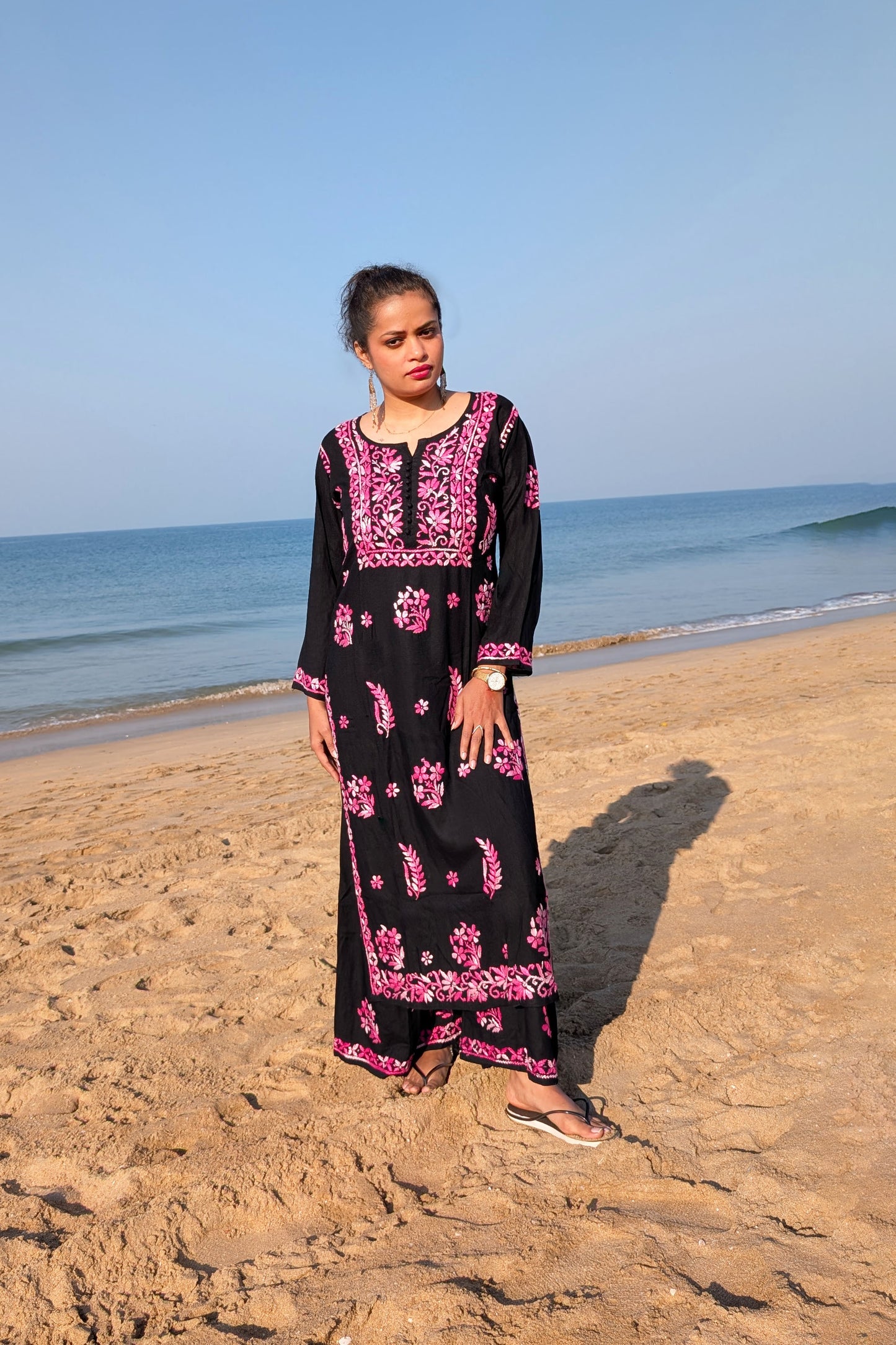 Black Multi Thread Viscose Chikankari Kurta Set - of 2