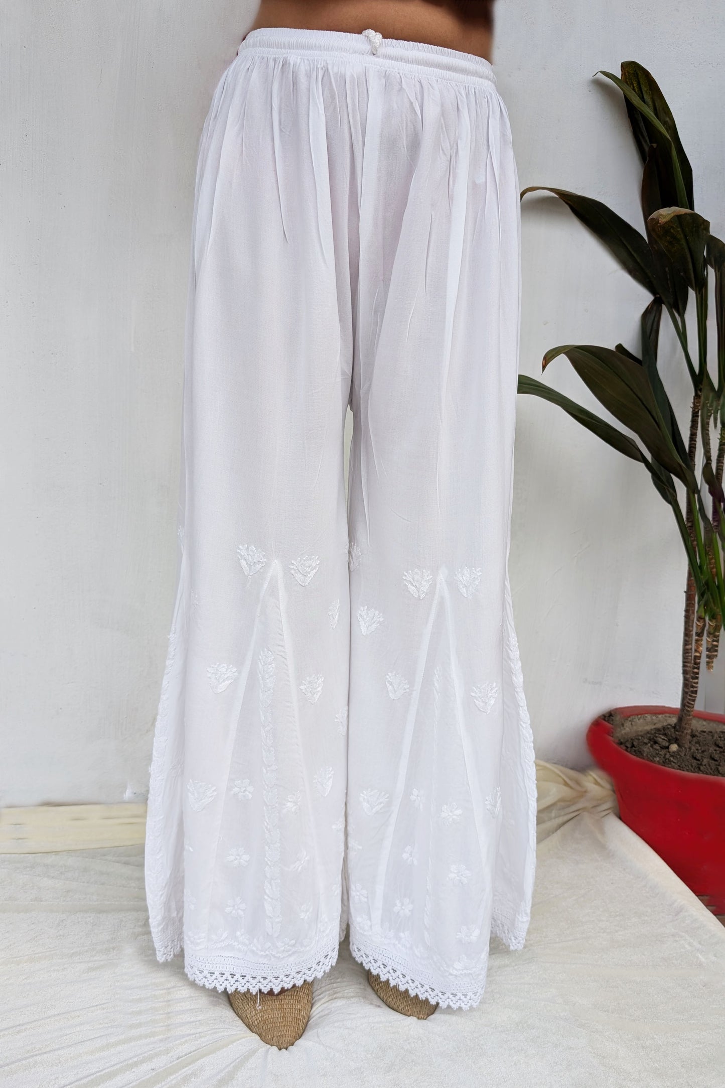 White Cotton Chikankari Palazzo Pants
