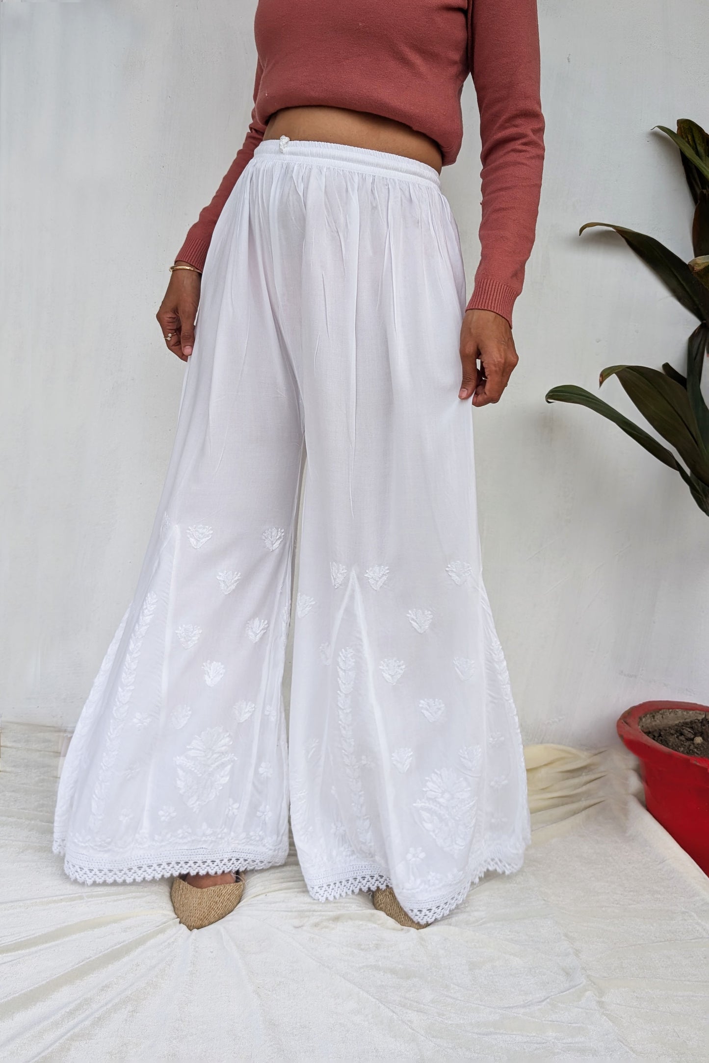 White Cotton Chikankari Palazzo Pants