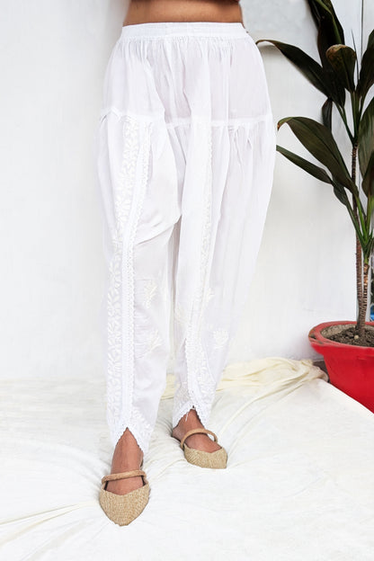 White Cotton Chikankari Dhoti Pants
